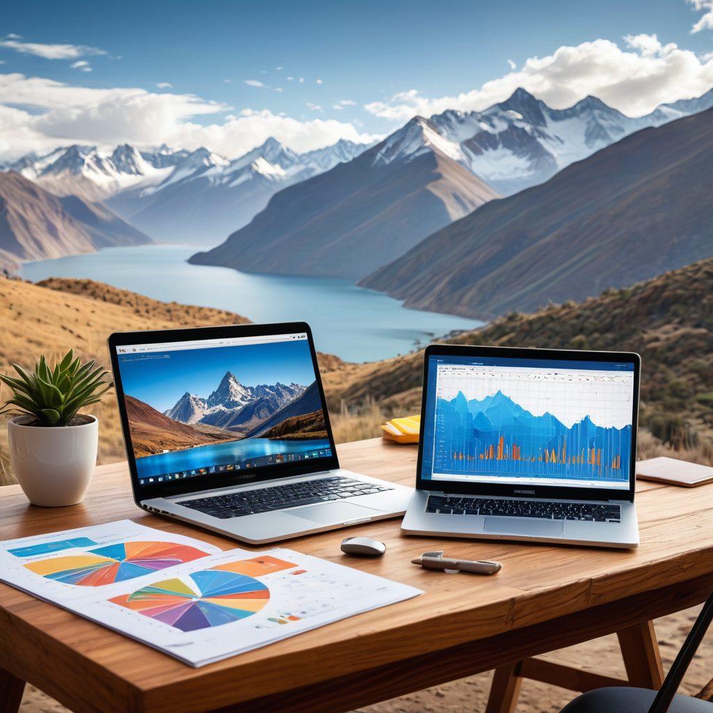 A stunning landscape of the Los Andes mountains, highlighting a professional meeting between a financial advisor and a client over vibrant charts and documents. Include elements representing both personal and business loans such as paperwork, a laptop showing financial graphs, and a coffee cup. The scene is set under a clear blue sky with majestic mountain peaks in the background. captivating colors. realistic style.