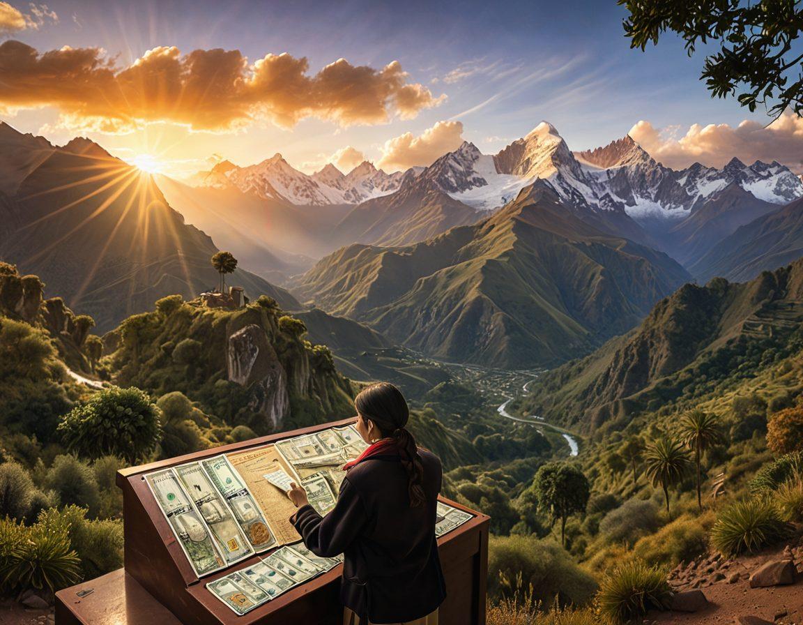 A breathtaking view of the Andes mountains, with a radiant sunrise illuminating the peaks and valleys. In the foreground, an open vault filled with glowing coins and banknotes, symbolizing financial prosperity. Vibrant greenery and traditional banking structures blend seamlessly into the natural landscape. A traveler is seen pondering over a map, contemplating their financial journey. super-realistic. vibrant colors. panoramic view.