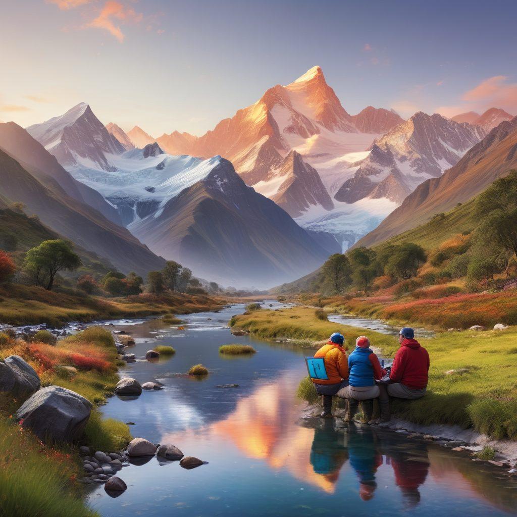 A serene landscape of the Andes Mountains with a vibrant sunrise illuminating snow-capped peaks. In the foreground, a diverse group of individuals of different ages discusses financial strategies, surrounded by charts and digital devices. Lush greenery and a flowing river symbolize growth and prosperity, creating an atmosphere of empowerment and wealth management. super-realistic. vibrant colors. white background.